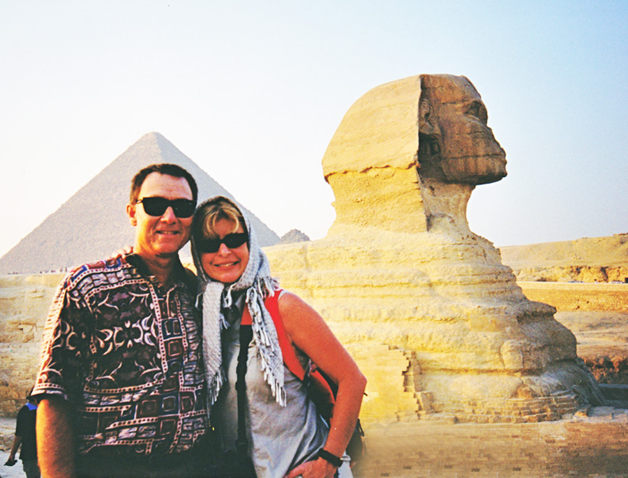 authors at the Sphinx outside of Cairo, Egypt