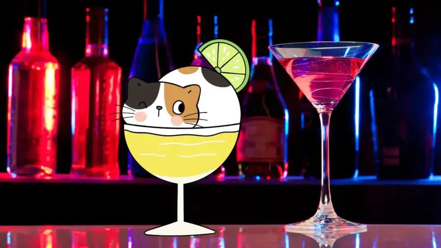 cartoon of cat in cocktail glass with slice of lime looking at a photo of a cocktail on a bar