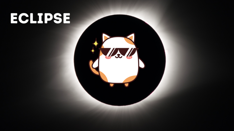 cartoon of cat wearing sunglasses with eclipse in background