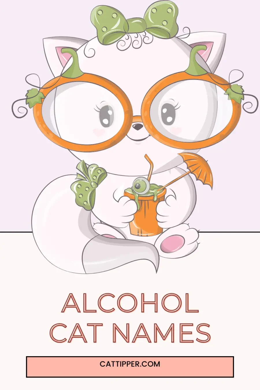 cartoon of cat holding a cocktail with words Alcohol Names for Cats at bottom of image