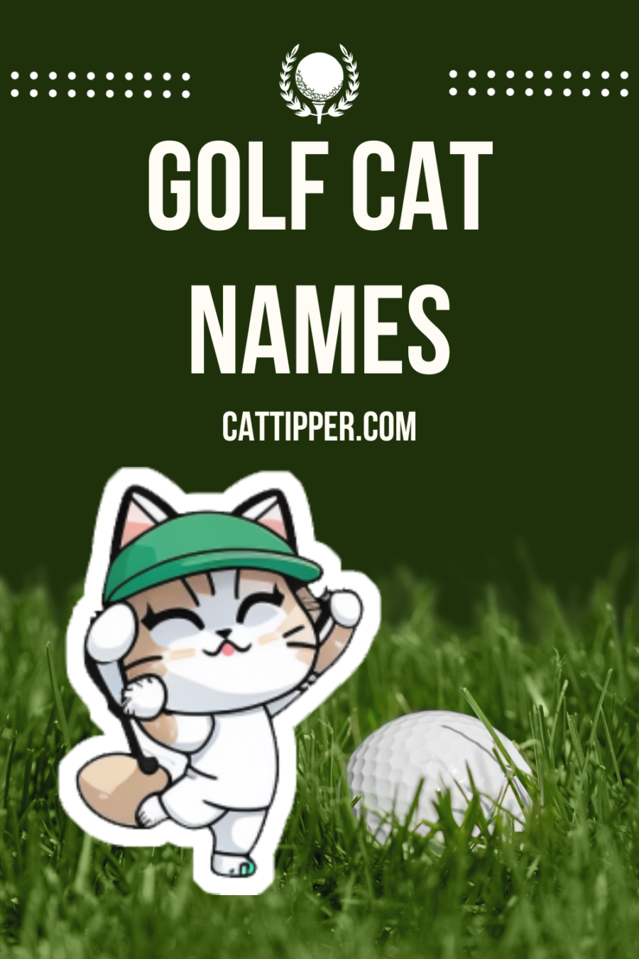 vertical image about golf cat names showing cartoon of cat playing golf