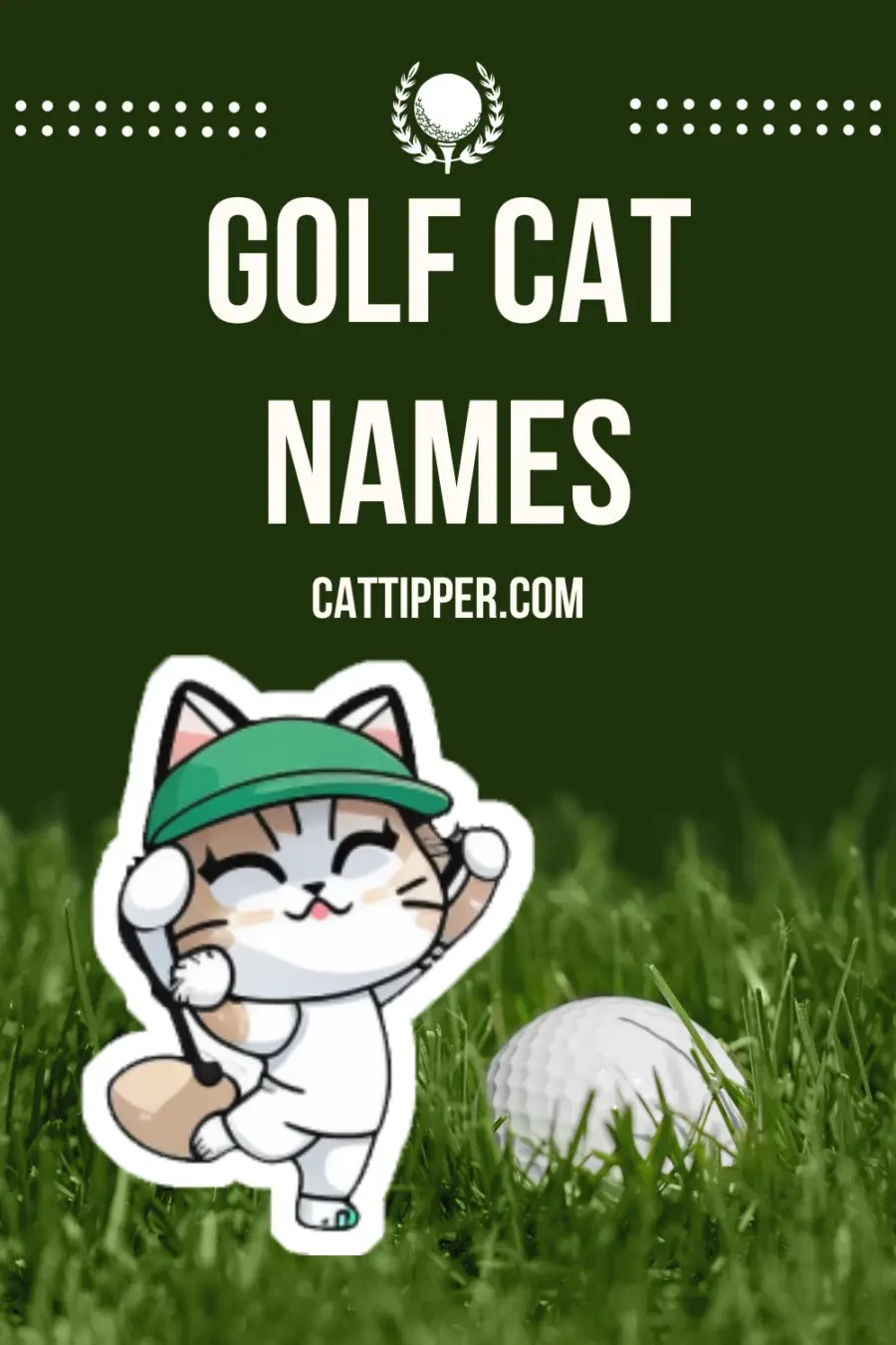 vertical image about golf cat names showing cartoon of cat playing golf