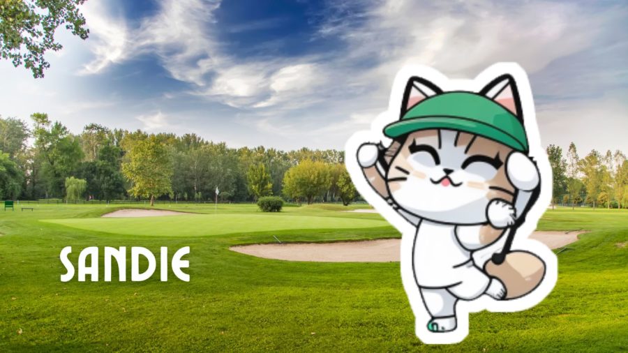 female cat cartoon on golf course photo with name of golf cat name (Sandie) on image