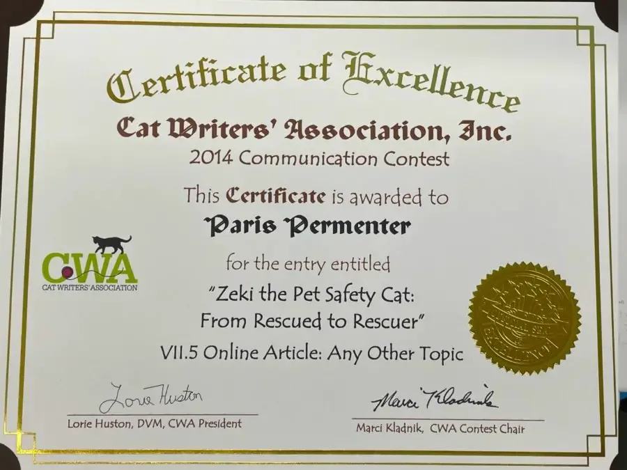 Cat Writers' Association Certificate of Excellence