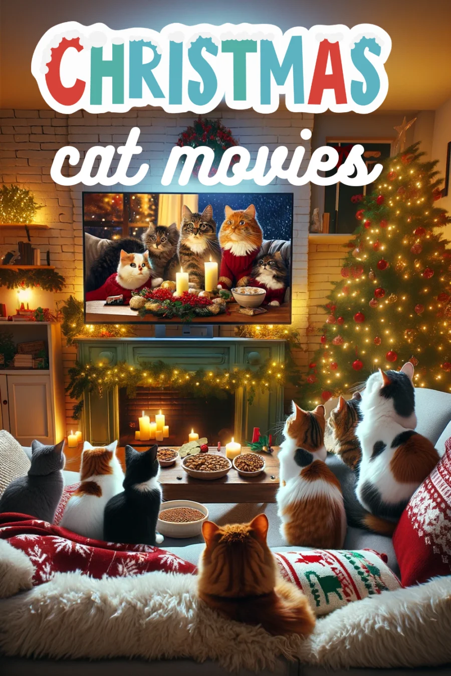 A charming living room scene during Christmas, with several cats of different breeds and colors, cozily gathered on a plush sofa, watching a Christmas movie on a big screen TV. The room is festively decorated with Christmas lights, a beautifully adorned Christmas tree in the corner, and holiday-themed decorations. The cats are intently focused on the screen, showing expressions of curiosity and delight. 