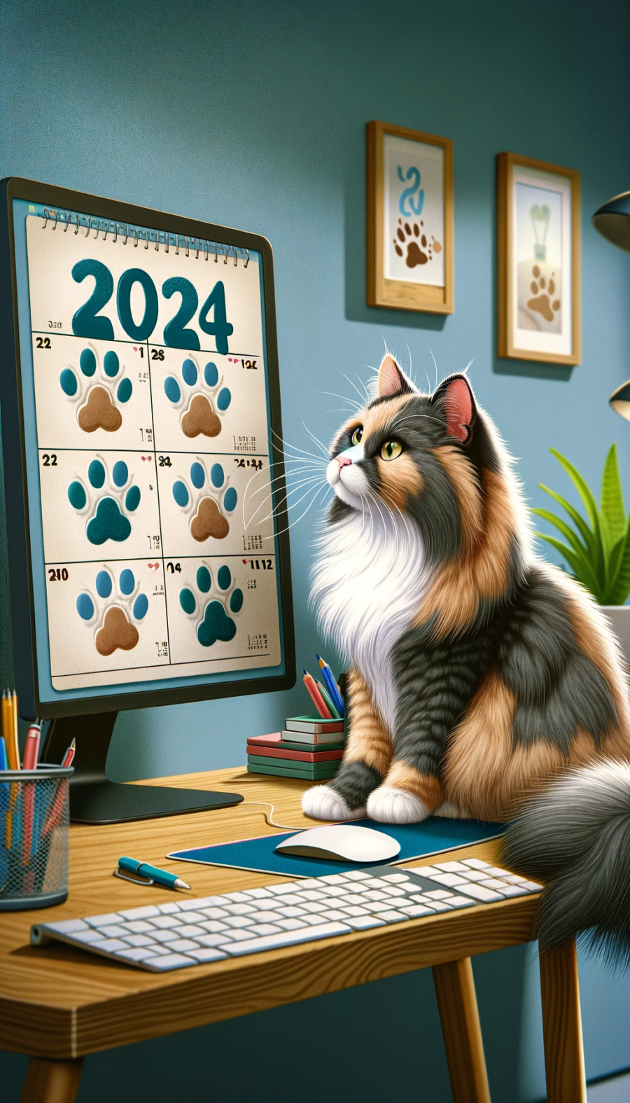 illustration of cat looking at a 2024 calendar on the wall