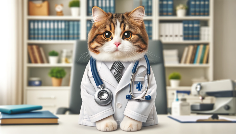 A cute cat wearing a doctor's white coat, with a stethoscope around its neck, looking intelligent and caring. The cat is standing in a medical office, with a background of bookshelves filled with medical books and a desk with medical equipment. 