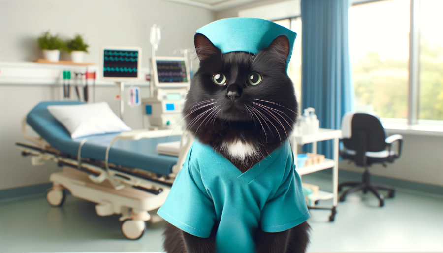 A black cat wearing nurse scrubs, looking caring and attentive. The cat is standing in a hospital setting, with a background of medical equipment and a calm, professional atmosphere. 