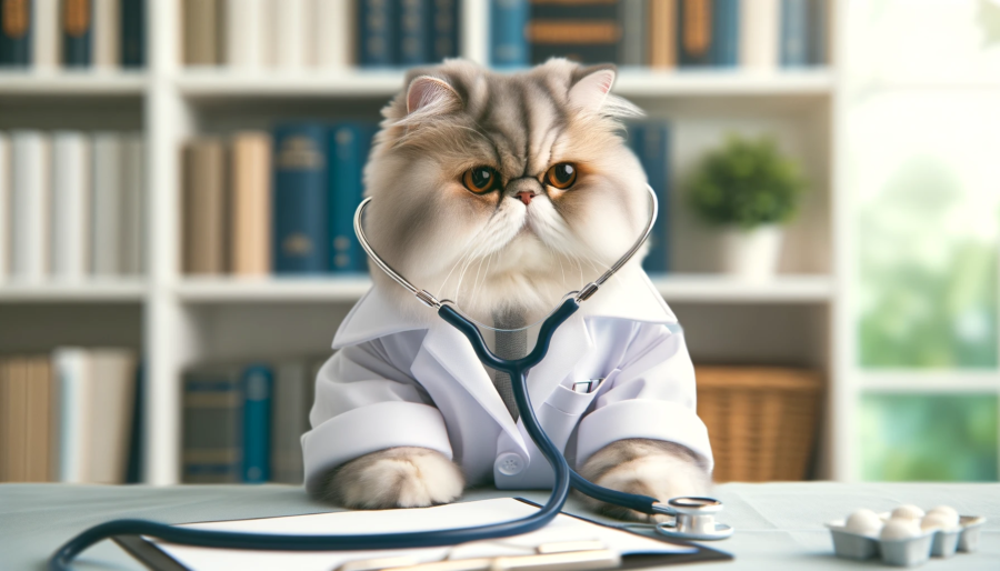 A Persian cat wearing a doctor's white coat, intently listening through a stethoscope. The cat looks intelligent and caring, embodying the essence of a medical professional. The background is a medical office, with shelves of books and medical equipment.
