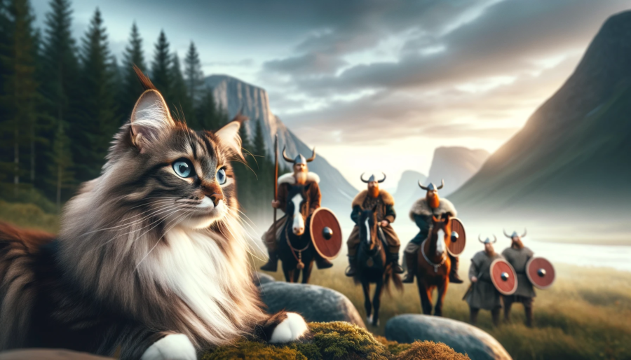 A majestic Norwegian Forest cat in the foreground, with a group of Vikings in traditional attire in the background. The setting is a scenic Nordic landscape, emphasizing the cat's natural elegance and the rich Viking heritage. 
