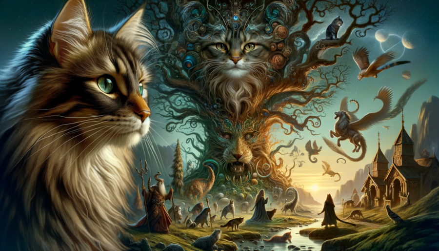 A Norwegian Forest cat prominently displayed in the foreground, appearing regal and wise. In the background, an imaginative scene inspired by Norse mythology, including mythical creatures, gods, and a mystical landscape with Yggdrasil, the great tree. 
