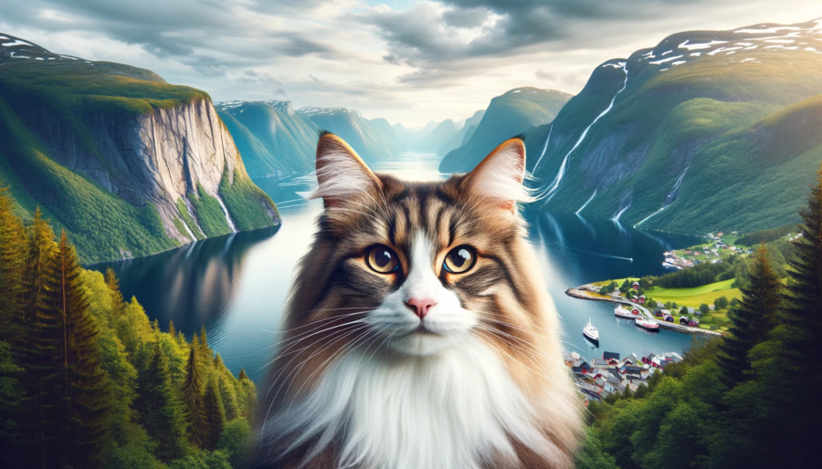 A Norwegian Forest cat in the center of the image, looking directly at the camera with a wise and majestic expression. The cat is featured against a stunning Norwegian background, including fjords, mountains, and a lush forest. 