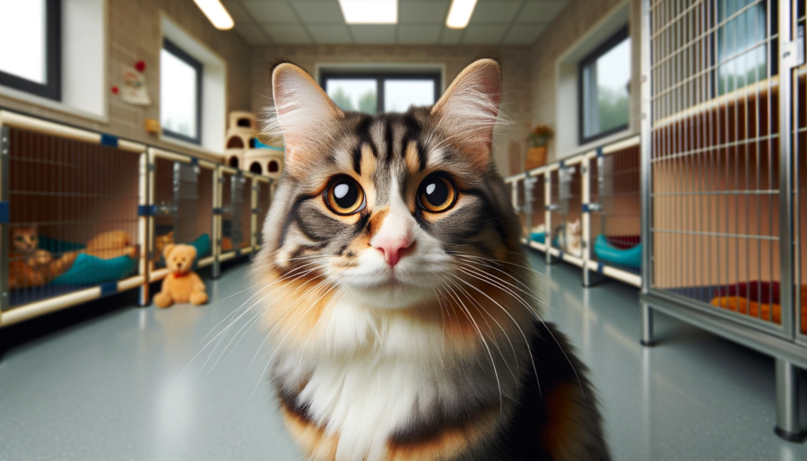 A visually striking cat in the center of the image, looking directly at the camera with an engaging expression. The background features a friendly and welcoming animal shelter environment, with kennels, toys, and a cozy atmosphere. 