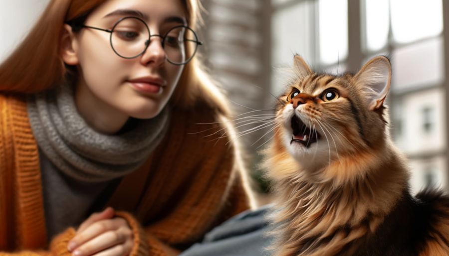 An image showing a cat meowing to a person. The cat's mouth is open as if meowing, and its expression conveys a sense of communication or seeking attention. The person, in the background, is looking towards the cat with a caring and attentive demeanor. 