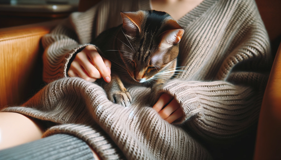 An image depicting a cat sitting in a woman's lap, kneading against her sweater. 