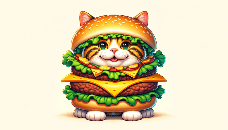 illustration of cat dressed as a cheeseburger to illustrate pun name of CheesePurrger