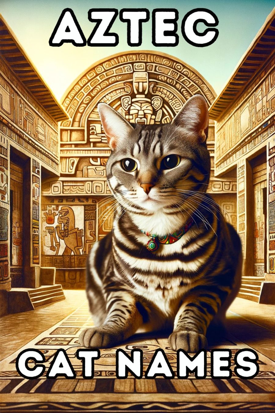 Aztec background with cat in foreground; words Aztec Cat Names at top and bottom of image