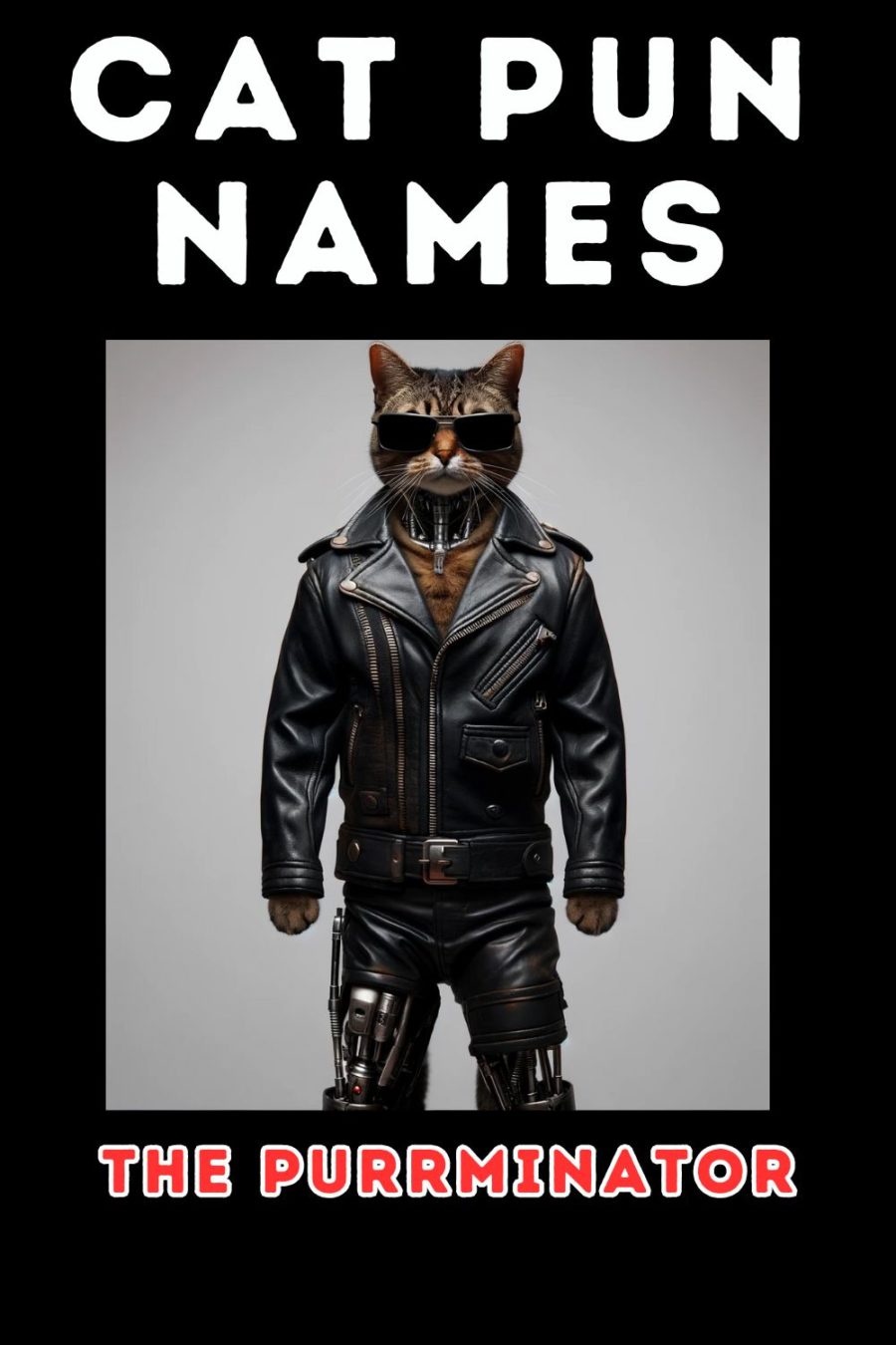 cat wearing leather motorcycle suit and sunglasses in take from the Terminator. Words Cat Pun Names at top of image and The Purrminator at bottom of image