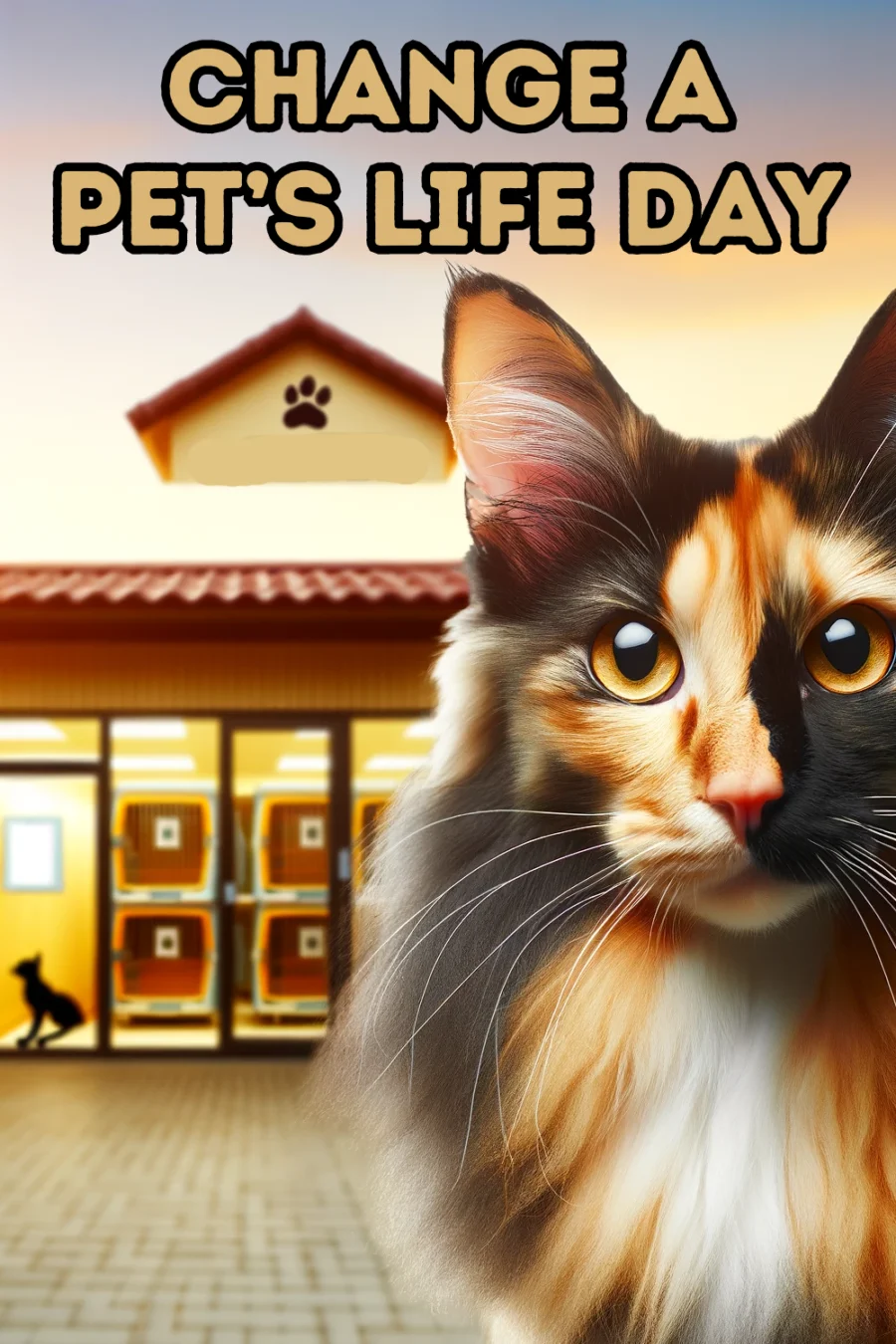 A striking and eye-catching cat in the foreground, with a distinct and contrasting coat color. The background features a warm and welcoming animal shelter, with visible kennels and a sign indicating it's a shelter.