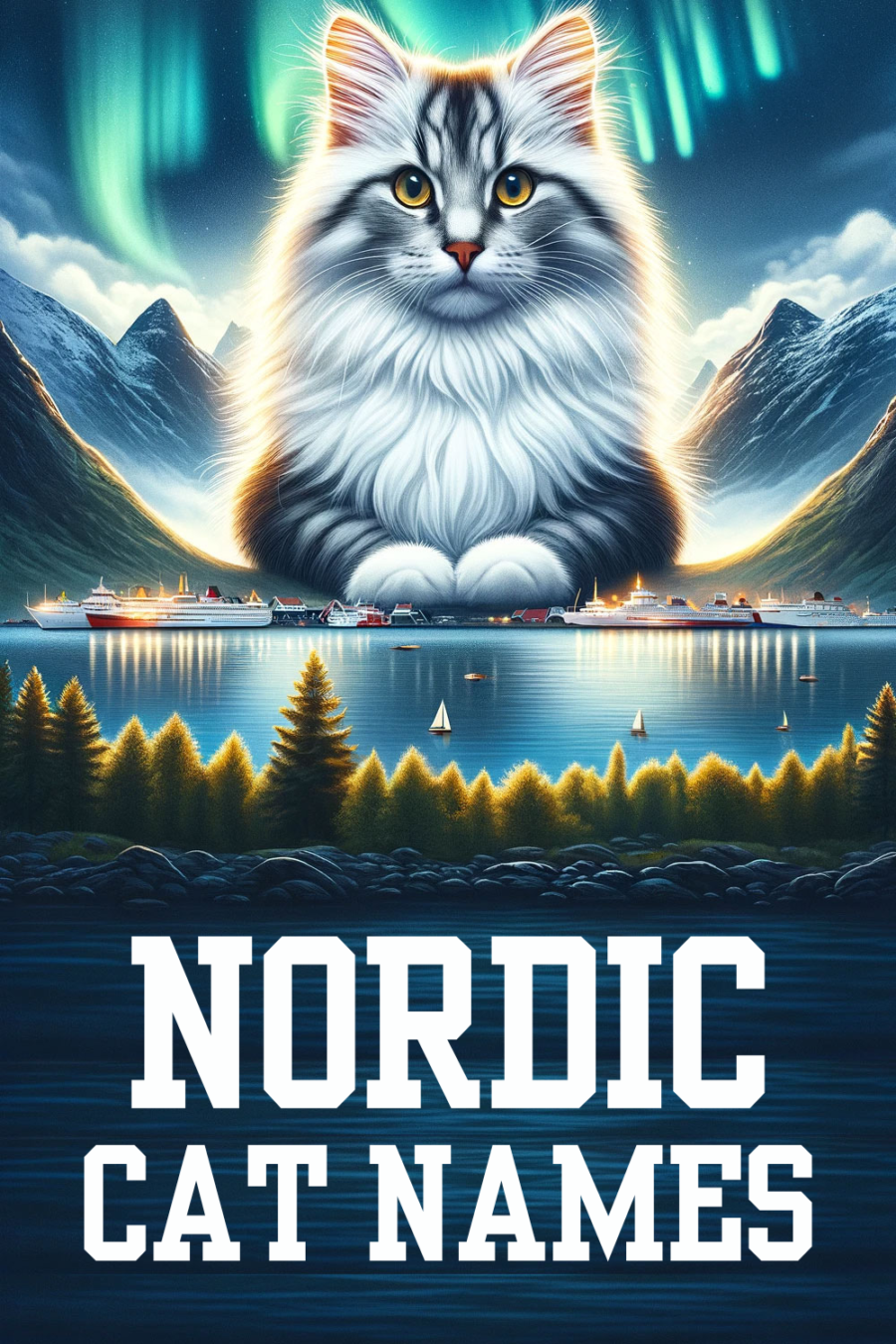 A Norwegian Forest cat prominently displayed in the foreground, appearing majestic and fluffy. The backdrop is a beautiful Nordic landscape with mountains, fjords, and a northern lights sky.