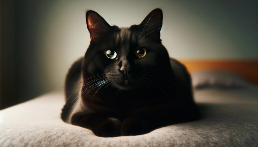 Black cat is positioned comfortably, with a gentle expression on its face, conveying a sense of calmness and friendliness.