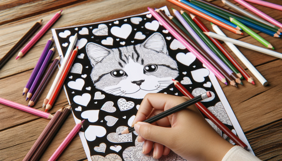 A realistic photo in a 16:9 format of a woman's hand holding a colored map pencil coloring the provided black and white coloring page featuring a cat's face surrounded by hearts. The coloring page is lying on a wooden desk, and around it are scattered various colored map pencils. 