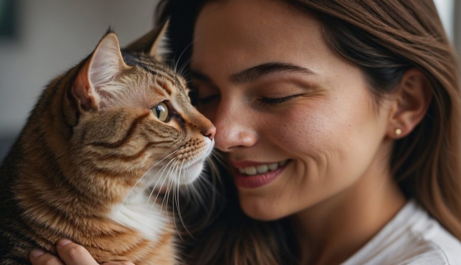 woman smiling and petting cat