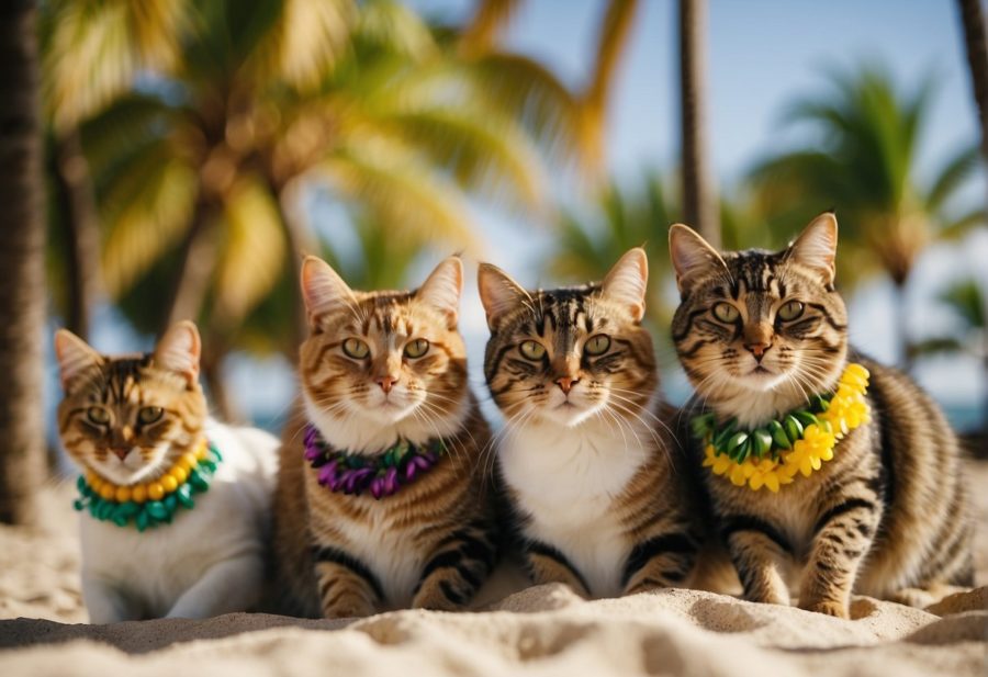 four cats on tropical beach; three of the cats are wearing leis