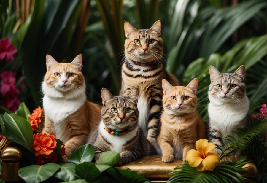 five cats surrounded by tropical flowers and leaves